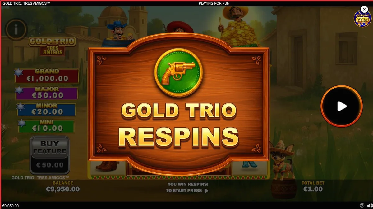Tampilan visual slot Gold Trio: Tres Amigos dengan tema fiesta Meksiko