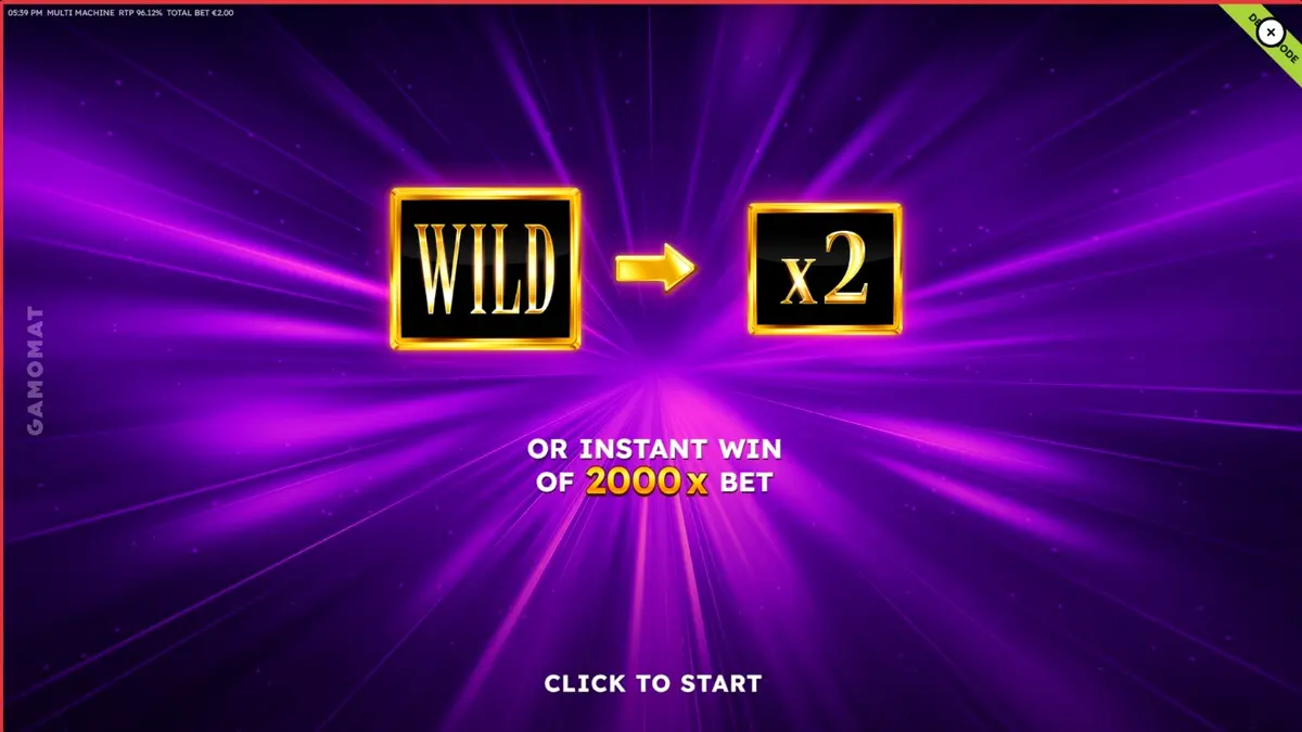 Tampilan mesin slot retro Multi Machine dengan simbol buah dan aksen violet